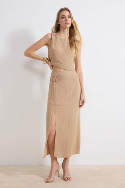 Bej Aksesuar ve Y?rtmac Detayl? Bluz-Etek Dokuma Alt - Ust Tak?m TWOSS26AU00034