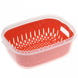 Лоток пластмассовый с решетчатой вставкой (дуршлаг) для мытья и хранения овощей, фруктов и ягод, 1,4л 18х14см h8см, с крышкой, цвета в ассортименте: белый; коралловый; зеленый, в п/эт пакете (Китай)