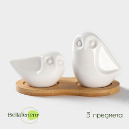 Набор для специй BellaTenero Совы, солонка 100 мл, перечница 130 мл, на бамбуковой подставке, фарфор, белый