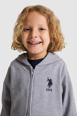 Erkek _ocuk Gri Melanj Kap__onlu _nce Fermuarl_ Basic Sweatshirt
