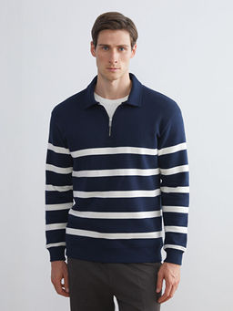 Polo Yaka Uzun Kollu ?izgili Erkek Sweatshirt