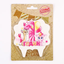 Свеча для торта цифра «1 годик, зверушки» 1 розовая, 8 см