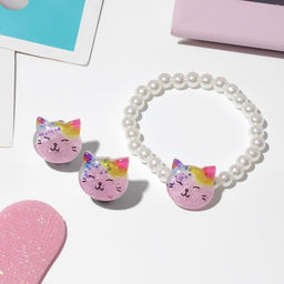 Набор детский «Выбражулька», 2 предмета: клипсы, браслет, котик, белы-розовый