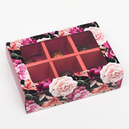 Цена за 5 шт. Коробка для конфет 6 шт, Темные розы, 13,7 х 9,85 х 3,86 см
