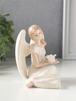Сувенир керамика "Девушка-ангел в белом платье, с белой розой в ладонях" 11,3х10х9,8 см