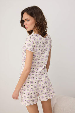 Lila %100 Pamuklu Kedi ve Kurdele Bask?l? Orme Pijama Tak?m? THMSS26PT00173