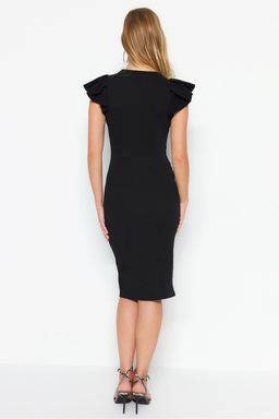 TRENDYOLMILLA Siyah Fitilli Kollar? Volanl? Bodycone/Vucuda Oturan Midi Esnek Orme Kalem Elbise TWOSS23EL01708  фото 5