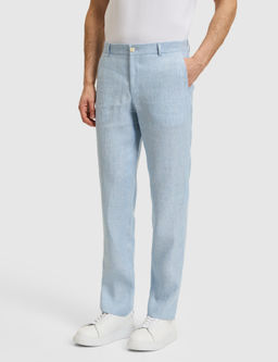 A__k Mavi Slim Fit Beli Lastikli %100 Keten Pantolon