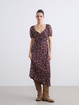 Kalp Yaka ?i?ekli Balon Kollu Elbise