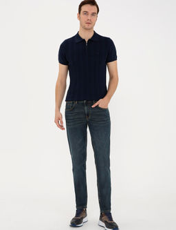 Темно-синий облегающий трикотажный свитер с воротником-поло - Cacharel фото 9