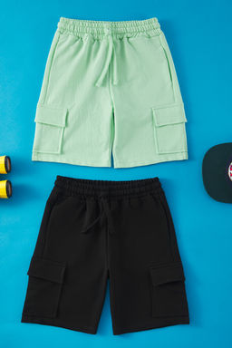 Lacivert-Gri 2li Erkek Cocuk Pamuklu Beli Lastikli Kargo Cepli Orme Sort TKDSS25SR00006 - Trendyolmilla фото 3