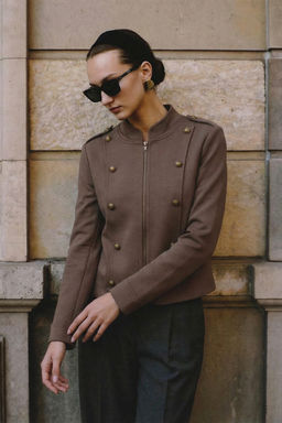 Kahverengi Fermuarl? Astarl? Dugme Detayl? Napolyon Ceket TWOSS26CE00048 - Trendyolmilla фото 4