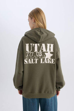 Женская толстая толстая толстовка свободного кроя цвета хаки с капюшоном и принтом на спине, широкий крой