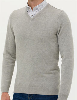 A__k Gri Melanj Slim Fit V Yaka Basic Triko Kazak - Pierre cardin фото 6