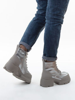 01-F591-2 GREY/SILVER Ботинки демисезонные женские (натуральная кожа, искусственная кожа)