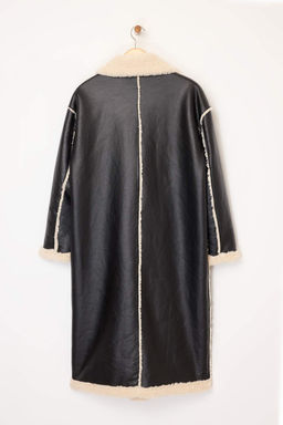 Siyah Cift Tarafl? Pelus Mono Kapama Oversize Uzun Suni Deri Kaban TWOAW26KB00000 - Trendyolmilla фото 2