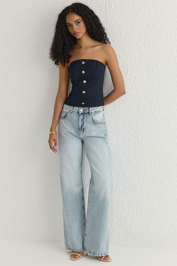 Trendyolmilla Lacivert Yumusak Hissiyatl? Straplez Crop Dokuma Bluz TWOSS25BZ00102