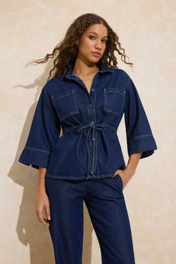 Koyu Mavi Belden Baglamal? Tencel Kar?s?ml? Denim Gomlek TWOSS26GO00006 - Trendyolmilla фото 4