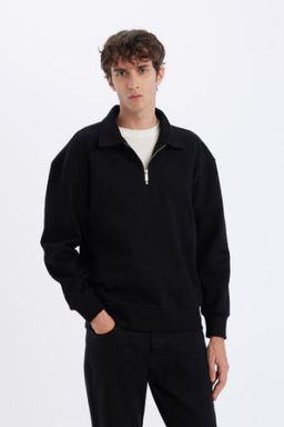 Relax Fit Polo Yaka Fermuarl? Basic Duz Kal?n Sweatshirt