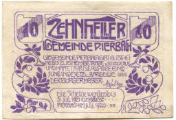 10 геллеров 1920 года Австрия Пирбах (нотгельд)