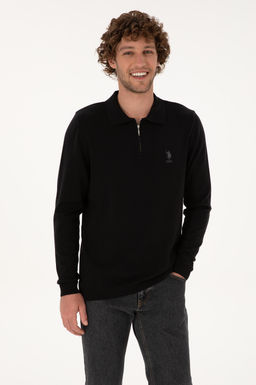 Erkek Slim Fit Yar_m Fermuarl_ Polo Yaka Siyah Kazak