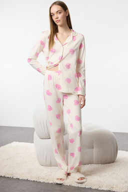 Ekru %100 Pamuklu Sloganl? Kalpli Orme Pijama Tak?m? THMAW25PT00098