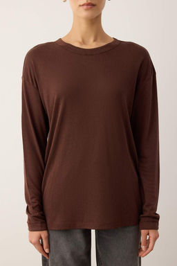 Wardrobe Essentials Kahverengi Bisiklet Yaka Relaxed/Rahat Kal?p Orme T-shirt | TWOAW26TS00010 - Trendyolmilla фото 3