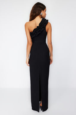 TRENDYOLMILLA Siyah Astarl? Volanl? Dokuma Uzun S?k Abiye Elbise TPRSS21AE0044  фото 6