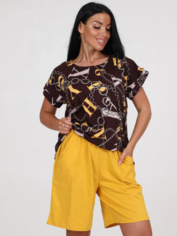 791 ПИЖАМА ЖЕНСКАЯ (шорты) (Коричневый/горчичный) - А-дина фото 2