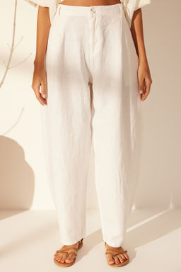 Beyaz %100 Keten Pileli Yuksek Bel Balon Jeans TWOSS24JE00242 - Trendyolmilla фото 4