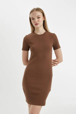 Мини-платье Bodycon с круглым вырезом в рубчик и короткими рукавами - Defacto фото 2