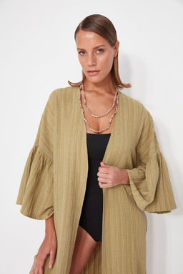 Haki Kusakl? Maxi Dokuma Volanl? Keten Kar?s?ml? Plaj Kimono&Kaftan TBESS23KM00028