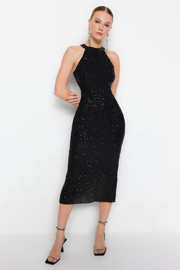 TRENDYOLMILLA Siyah Vucuda Oturan Astarl? Par?lt?l? Pullu Orme Payet S?k Abiye Elbise TPRAW24EL00233 фото 2