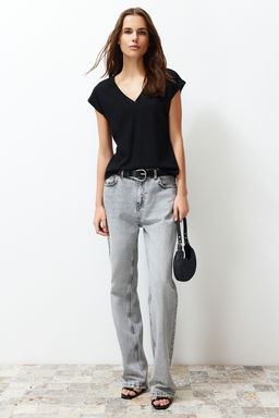 Siyah Viskoz/Yumusak Kumas Fitted/Vucuda Oturan Ay Kol V Yaka Esnek Orme Bluz TWOSS24BZ00433