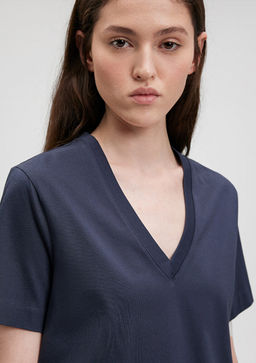 Pamuklu Merserize V Yaka Mavi Basic Tisort  фото 5