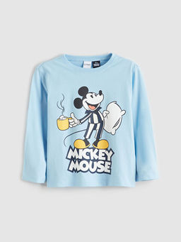 Bisiklet Yaka Uzun Kollu Mickey Mouse Bask?l? Erkek Bebek Pijama Tak?m?