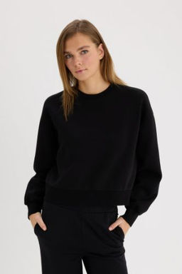Boxy Fit Bisiklet Yaka Basic Duz Kal?n Sweatshirt