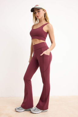 Bordo F?rcal? Soft Kumas Reflektor Bask?l? Ispanyol Paca Yoga Orme Spor Tayt THMAW24TY00066