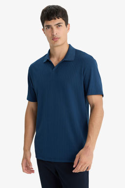 Regular Fit Krink_l Dikey Dokulu Hafif Kuma_ Polo Yaka K_sa Kollu Ti__rt - Defacto фото 3