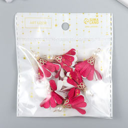 Декор текстиль Цветок 2 с жемчужиной. Малиновый и белый, набор 6 шт., 3 см