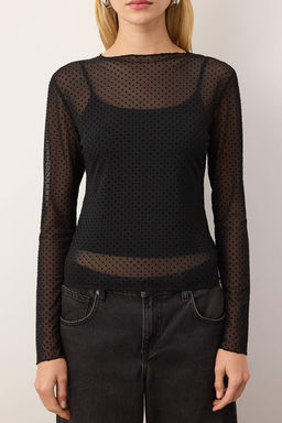 Siyah Fitted/Vucuda Oturan Cift Gorunumlu Floklu Tul Esnek Orme Bluz TWOAW26BZ00291 - Trendyolmilla фото 3