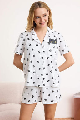 Siyah-Beyaz %100 Pamuklu Kedi ve Pati Desenli Orme Pijama Tak?m? THMSS26PT00044