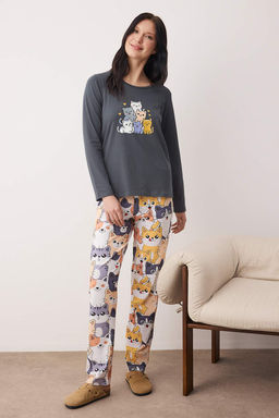 Antrasit Kedi Desenli Pamuklu Likral? Yumusak Tuse Orme Pijama Tak?m? THMAW26PT00167 - Trendyolmilla фото 4