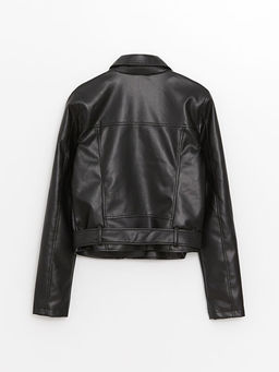 Kad?n Biker Yaka D?z Deri G?r?n?ml? Mont