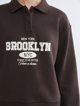 Polo Yaka Brooklyn Bask?l? Kad?n Kal?n Sweatshirt