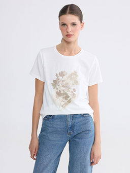 Bisiklet Yaka Bask?l? Kad?n Ti??rt