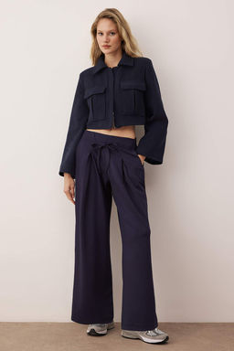 Lacivert Wide Leg umusak Kumasl? Pilili Esnek Orme Pantolon TWOAW26PL00138