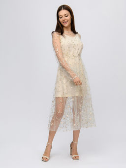 Платье бежевое длины миди с вышивкой - 1001dress фото 5