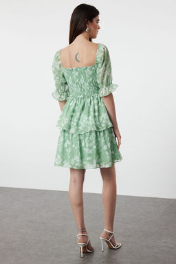 Mint Cicekli Etegi Volanl? Skater/Belden Ac?lan Sifon Mini Astarl? Dokuma Elbise TWOSS22EL2772