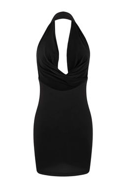 Siyah Orme Degaje Yaka Mini Plaj Elbisesi TBESS26EL00045